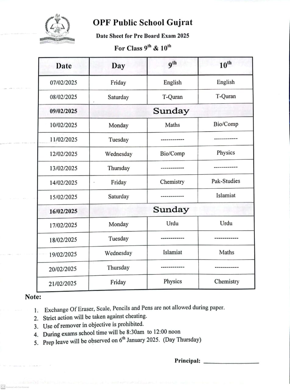 Preboard Date Sheet